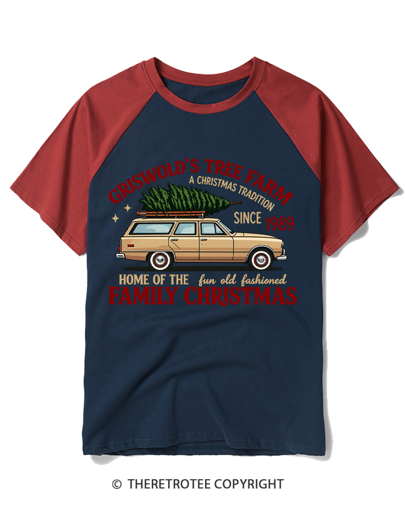 TheRetroTee Vintage 1980s Christmas Tree Farm Raglan Baseball T-Shirt