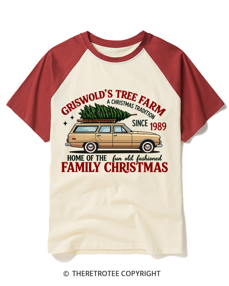 TheRetroTee Vintage 1980s Christmas Tree Farm Raglan Baseball T-Shirt