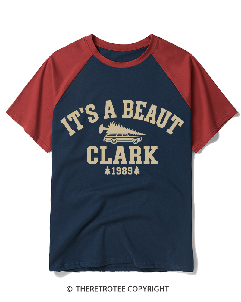 TheRetroTee Vintage 1980s Christmas Tree Trip Raglan Baseball T-Shirt