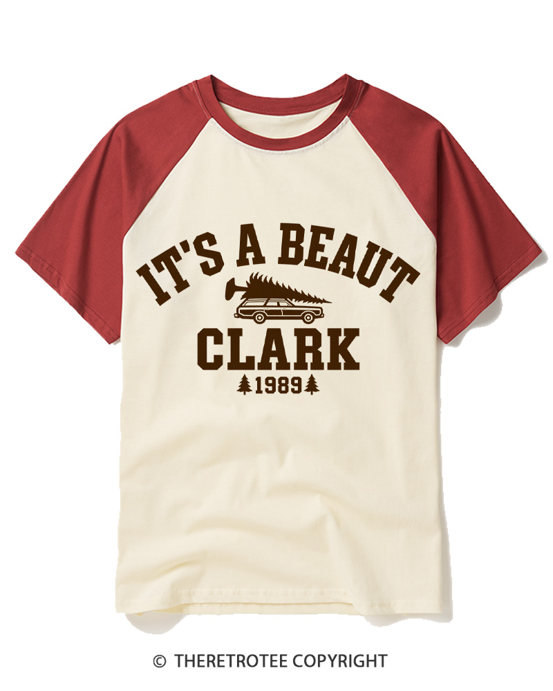 TheRetroTee Vintage 1980s Christmas Tree Trip Raglan Baseball T-Shirt