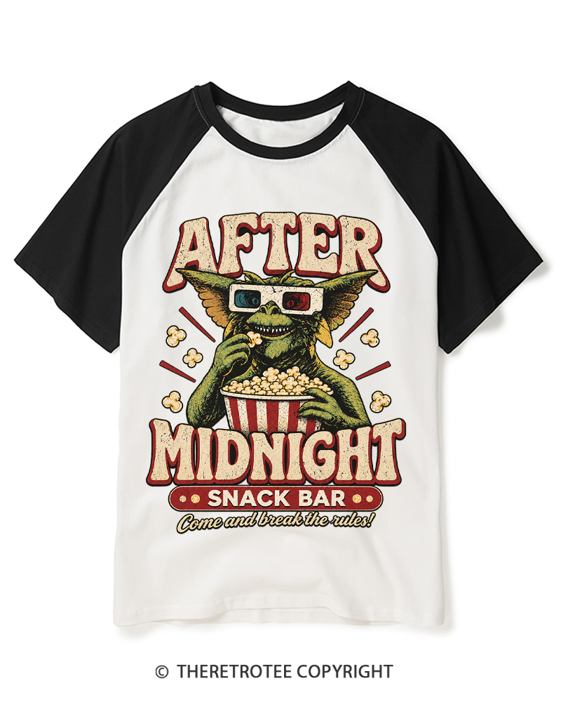 TheRetroTee Vintage 1980s After Midnight Snack Bar Raglan Baseball T-Shirt