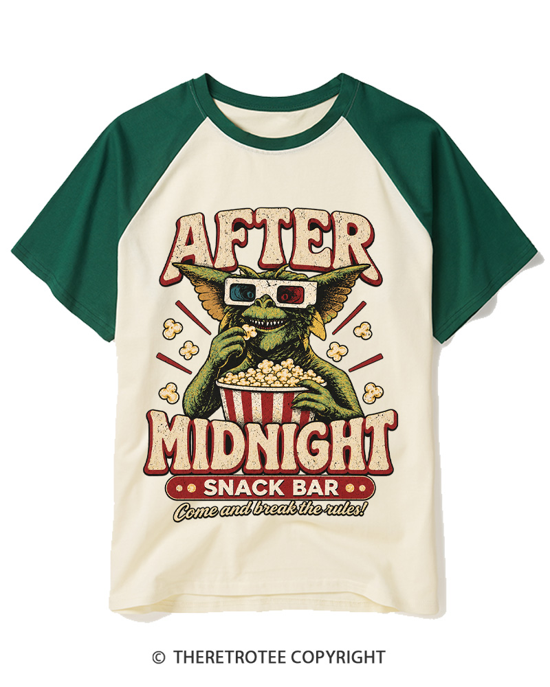 TheRetroTee Vintage 1980s After Midnight Snack Bar Raglan Baseball T-Shirt
