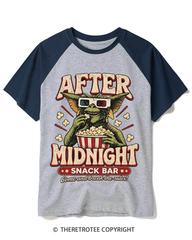 TheRetroTee Vintage 1980s After Midnight Snack Bar Raglan Baseball T-Shirt