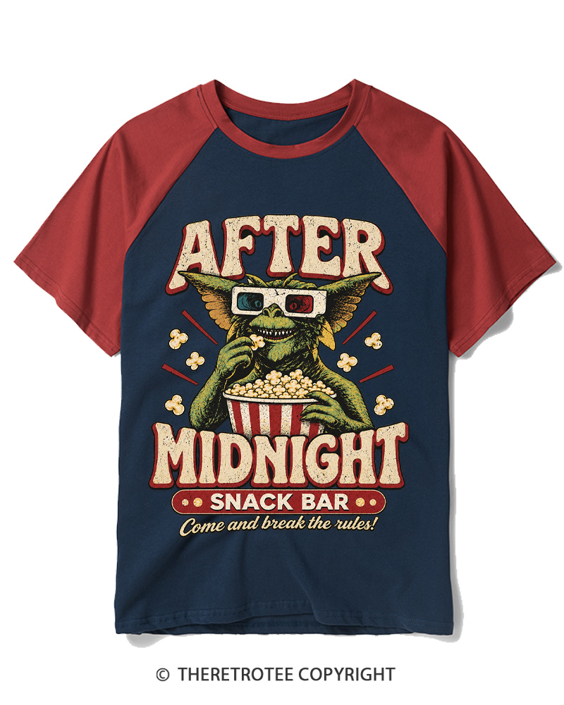 TheRetroTee Vintage 1980s After Midnight Snack Bar Raglan Baseball T-Shirt