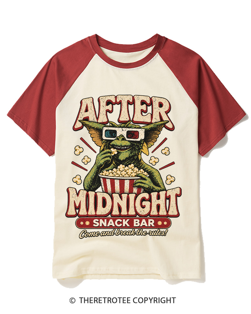 TheRetroTee Vintage 1980s After Midnight Snack Bar Raglan Baseball T-Shirt