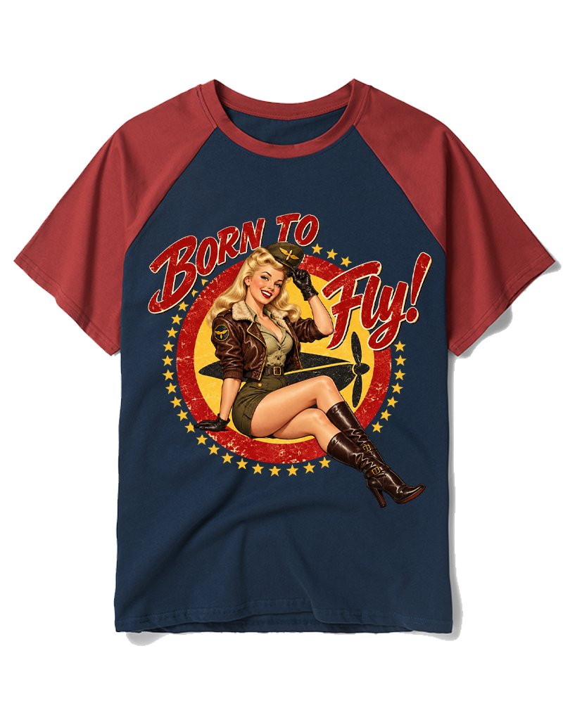 TheRetroTee Retro 1950s Flight Crew Graphic Raglan Baseball T-Shirt