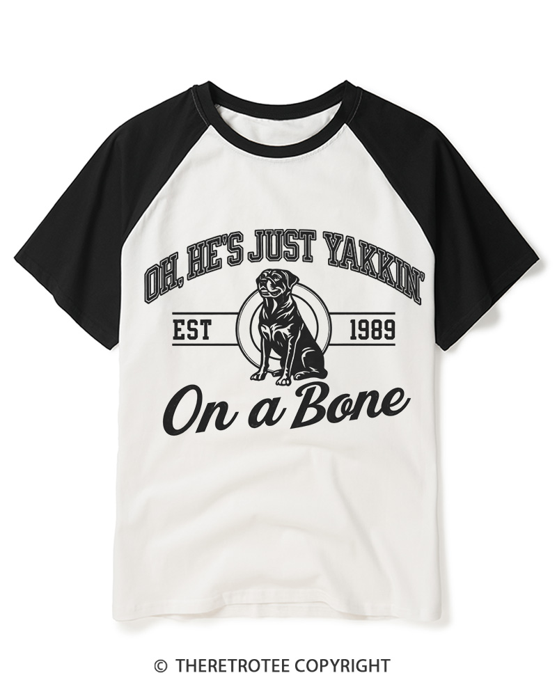 TheRetroTee He's Just Yakkin' On 1980s Raglan Baseball T-Shirt
