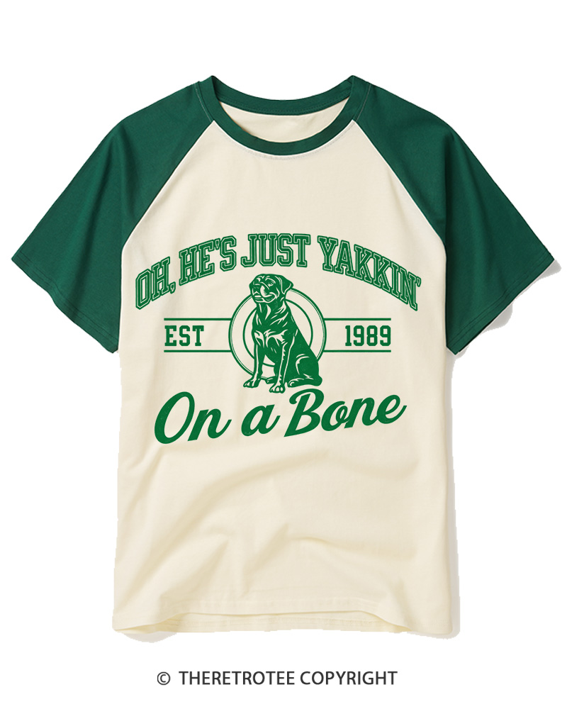 TheRetroTee He's Just Yakkin' On 1980s Raglan Baseball T-Shirt