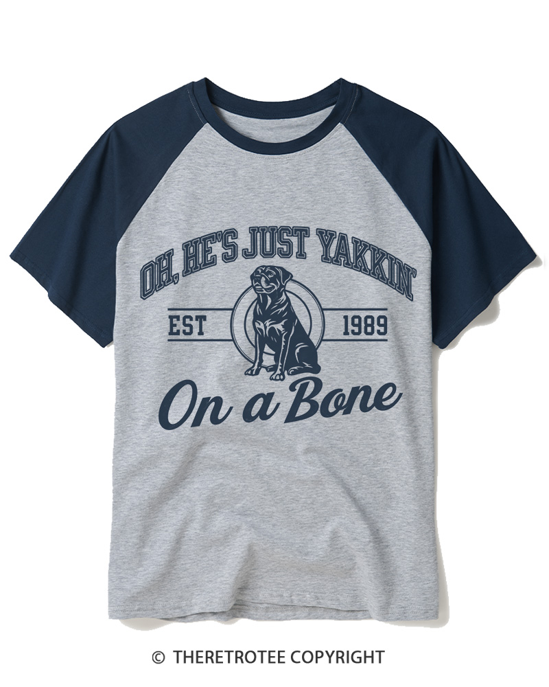 TheRetroTee He's Just Yakkin' On 1980s Raglan Baseball T-Shirt