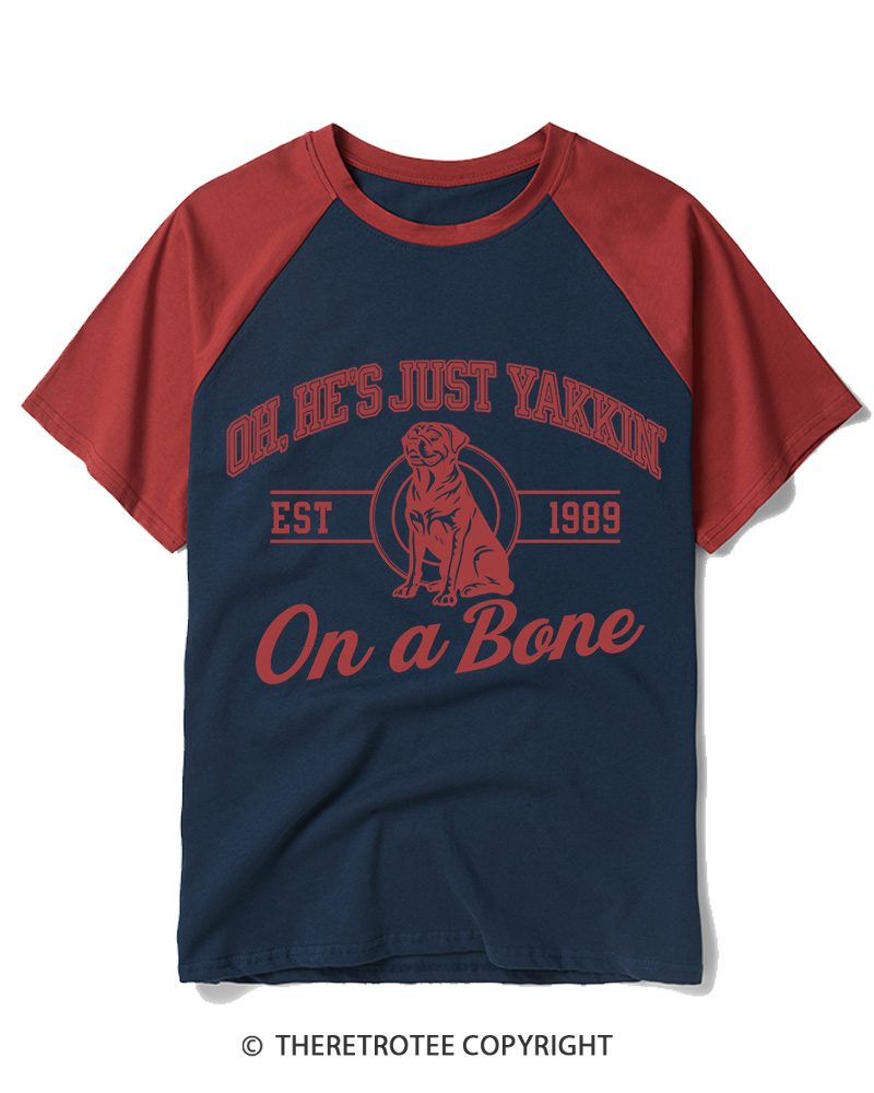TheRetroTee He's Just Yakkin' On 1980s Raglan Baseball T-Shirt