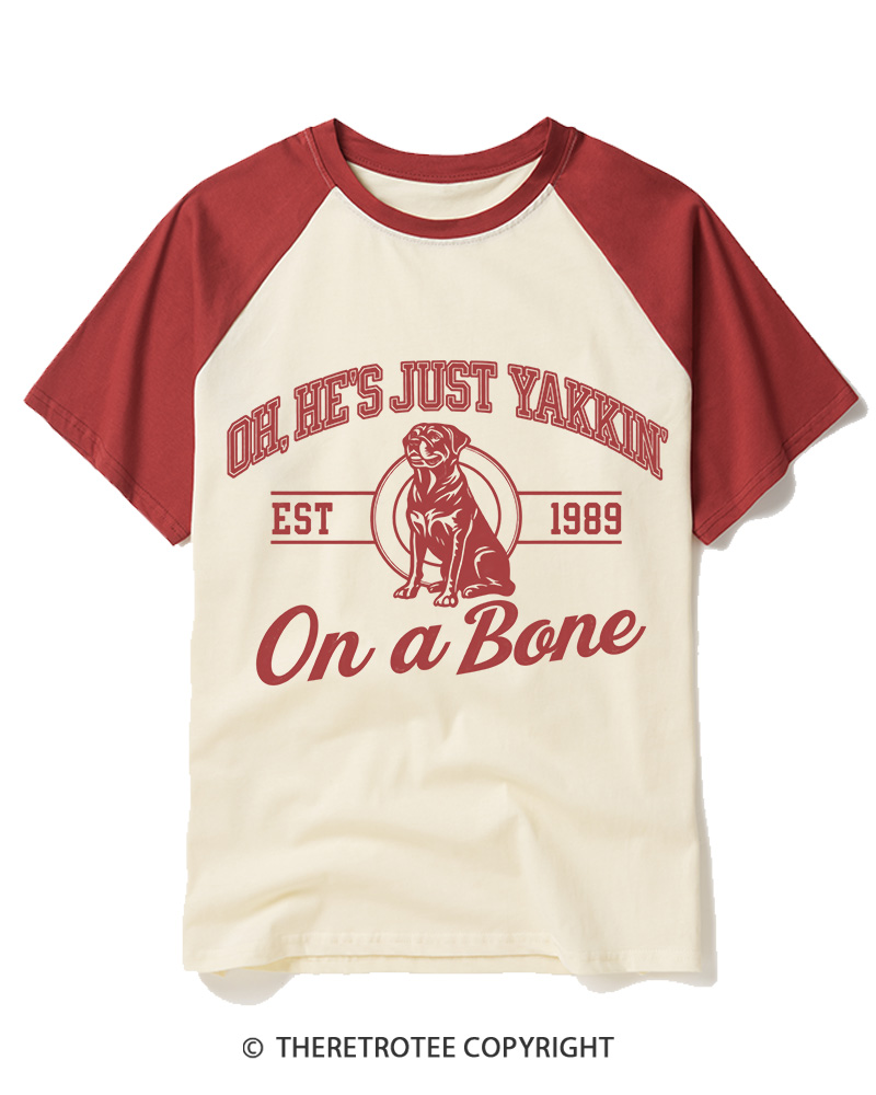 TheRetroTee He's Just Yakkin' On 1980s Raglan Baseball T-Shirt