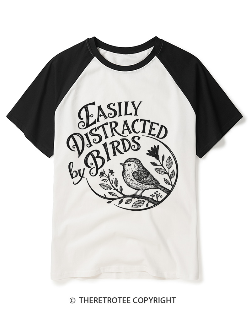 TheRetroTee Easily Distracted By Birds 1980s Raglan Baseball T-Shirt