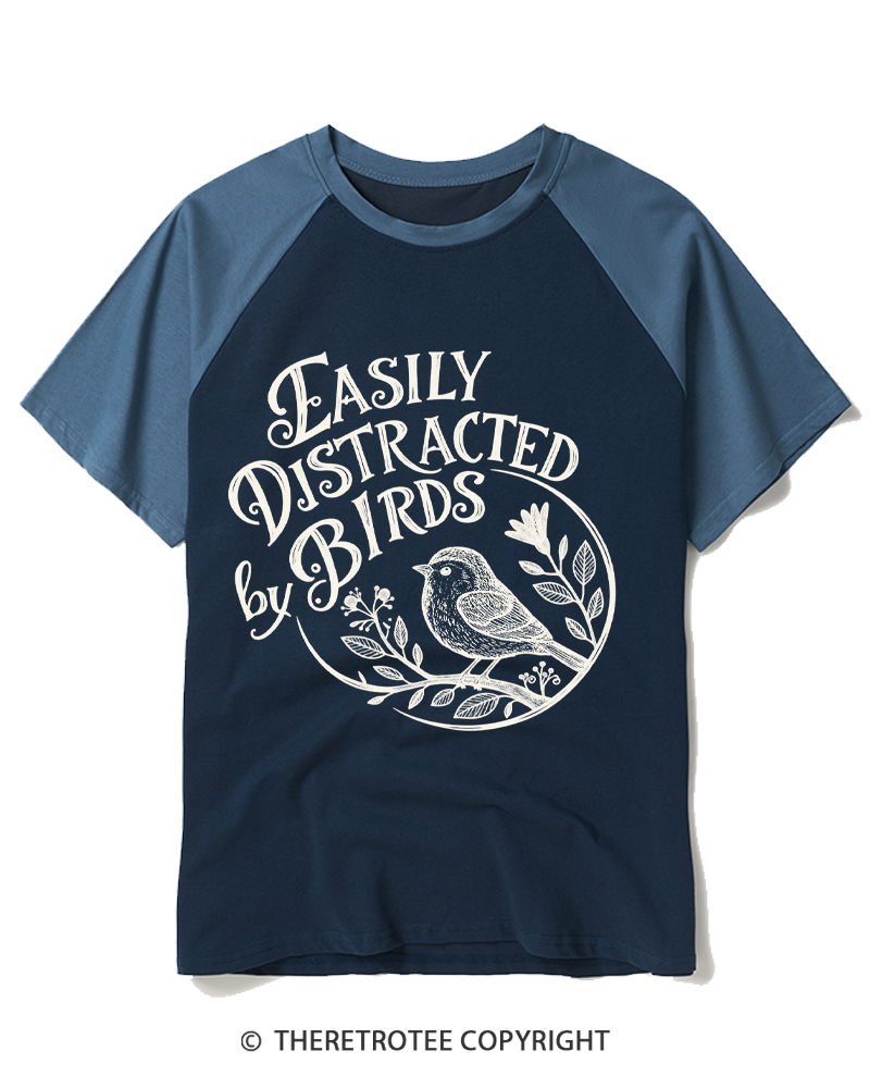 TheRetroTee Easily Distracted By Birds 1980s Raglan Baseball T-Shirt