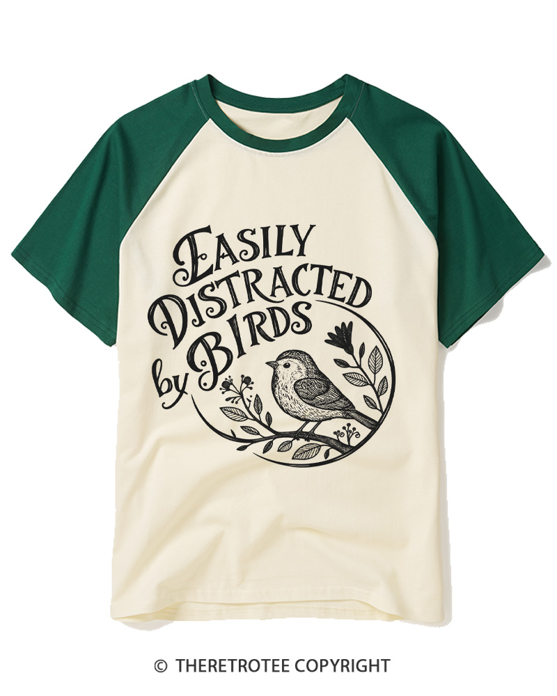 TheRetroTee Easily Distracted By Birds 1980s Raglan Baseball T-Shirt