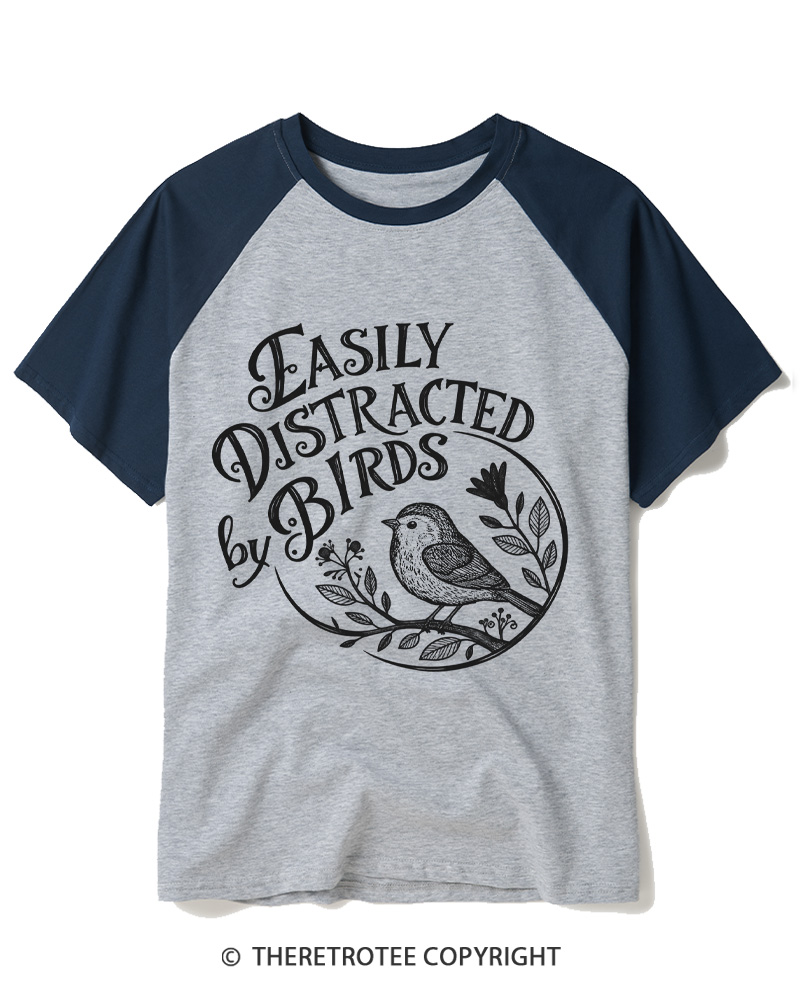 TheRetroTee Easily Distracted By Birds 1980s Raglan Baseball T-Shirt