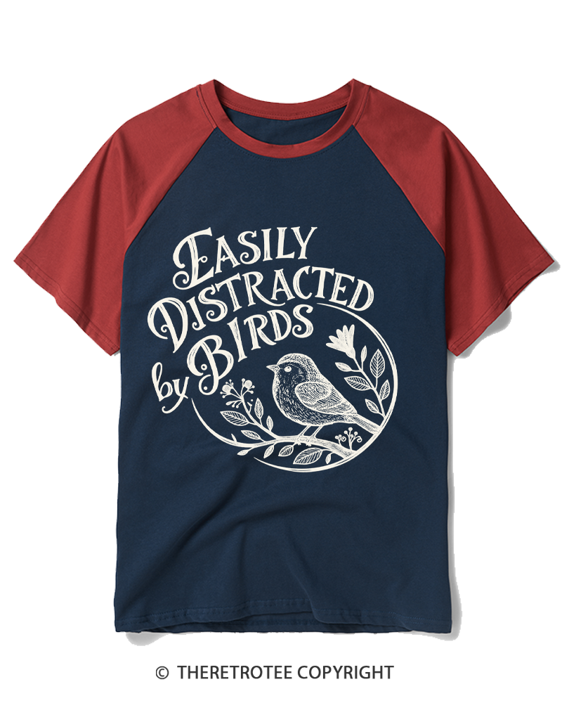 TheRetroTee Easily Distracted By Birds 1980s Raglan Baseball T-Shirt