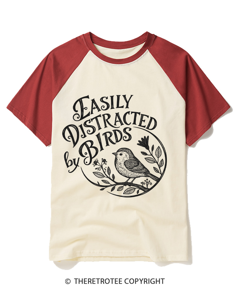 TheRetroTee Easily Distracted By Birds 1980s Raglan Baseball T-Shirt