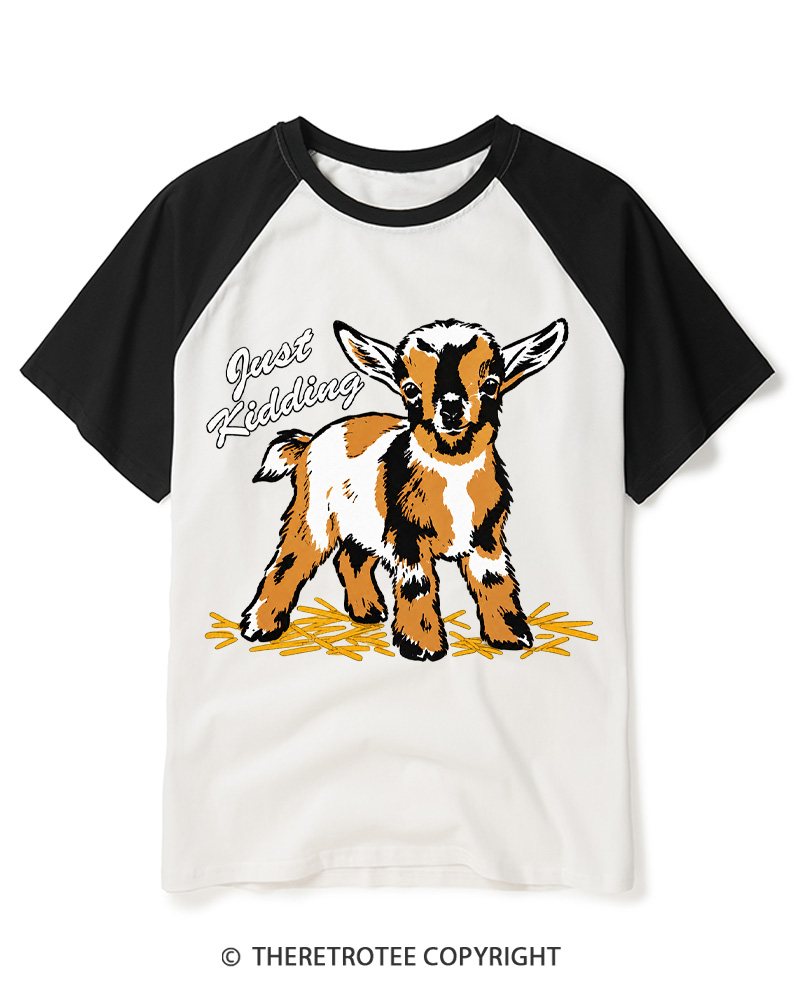TheRetroTee Just Kidding 1970s Raglan Baseball T-Shirt