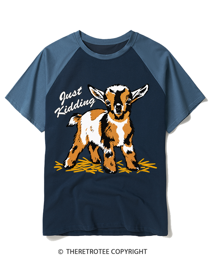 TheRetroTee Just Kidding 1970s Raglan Baseball T-Shirt