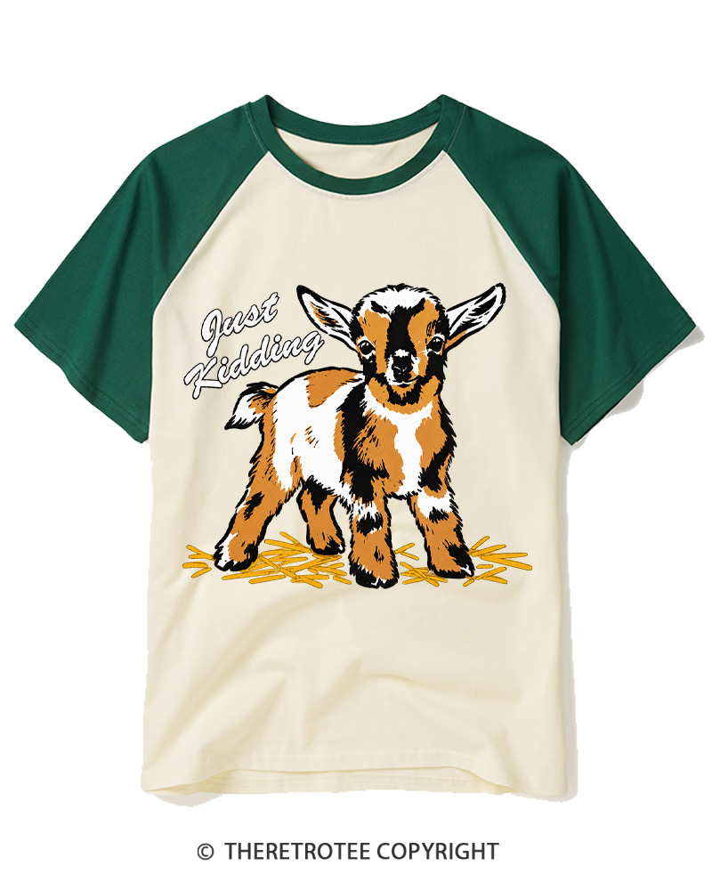 TheRetroTee Just Kidding 1970s Raglan Baseball T-Shirt