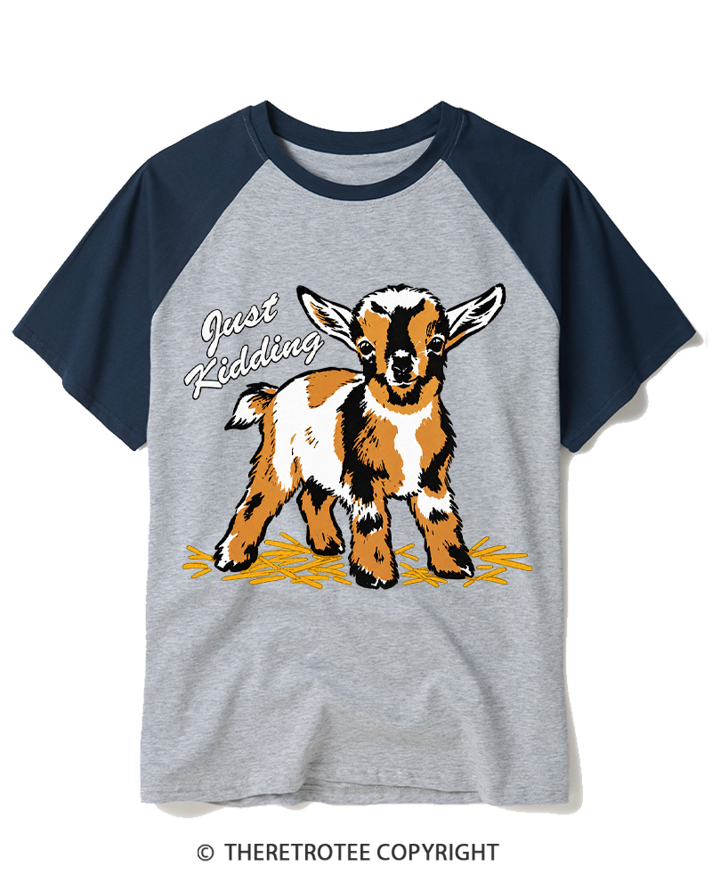 TheRetroTee Just Kidding 1970s Raglan Baseball T-Shirt