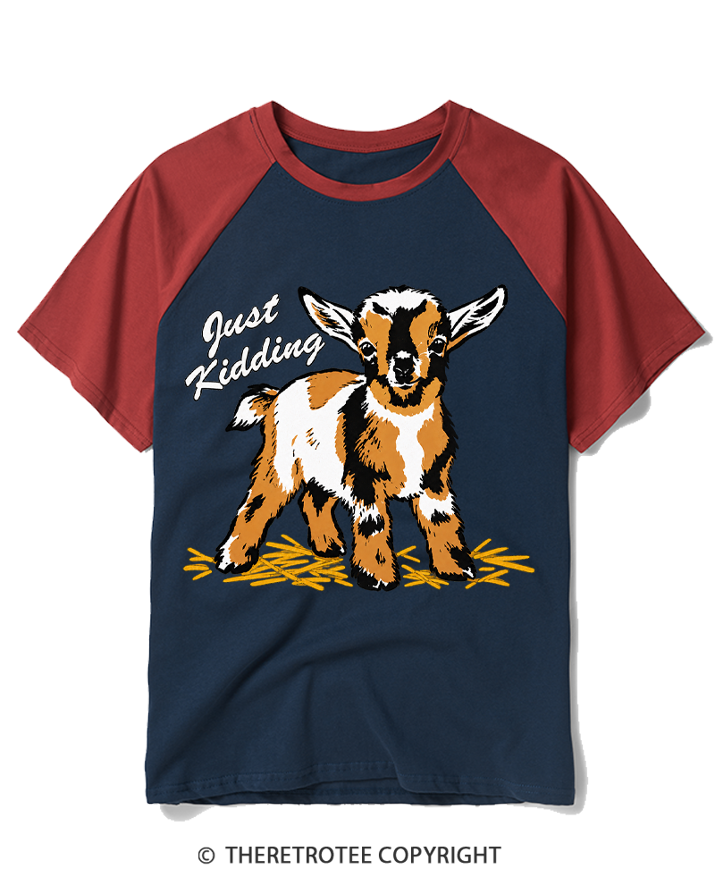 TheRetroTee Just Kidding 1970s Raglan Baseball T-Shirt