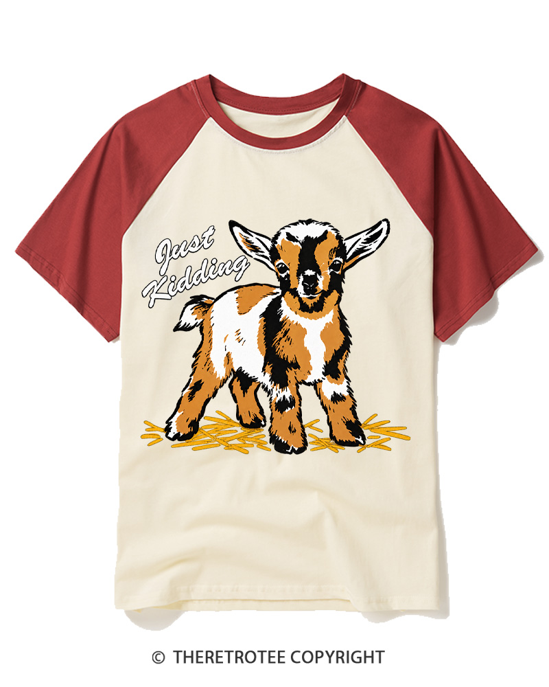 TheRetroTee Just Kidding 1970s Raglan Baseball T-Shirt