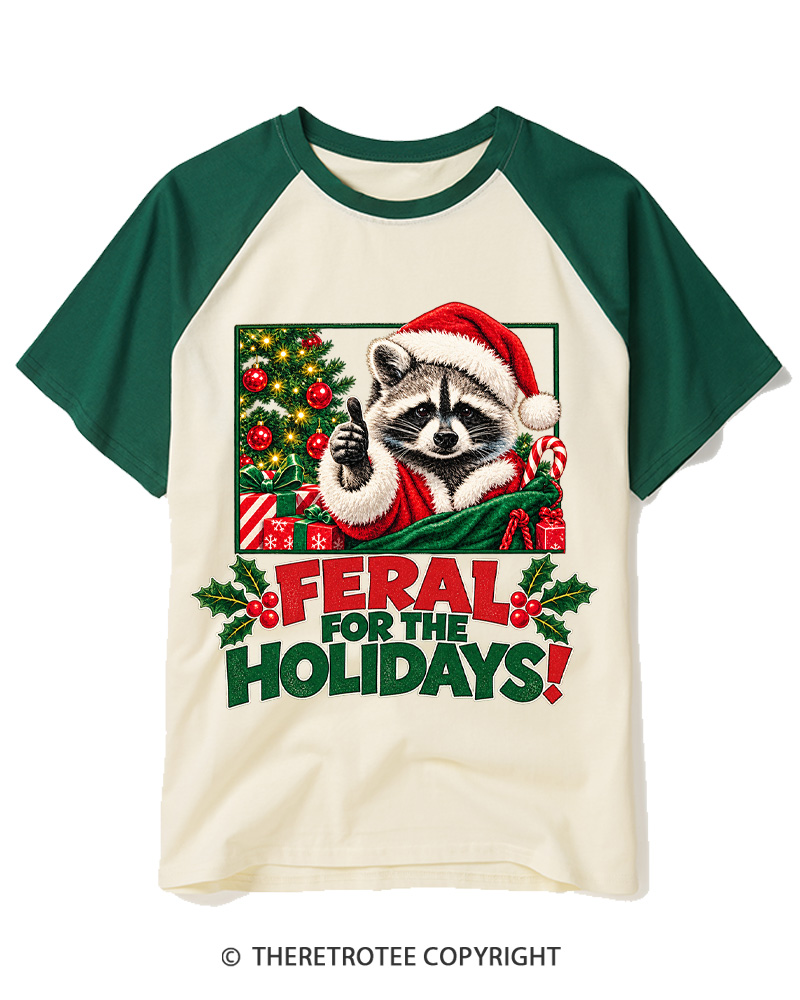 TheRetroTee Feral For The Holidays 1980s Raglan Baseball T-Shirt