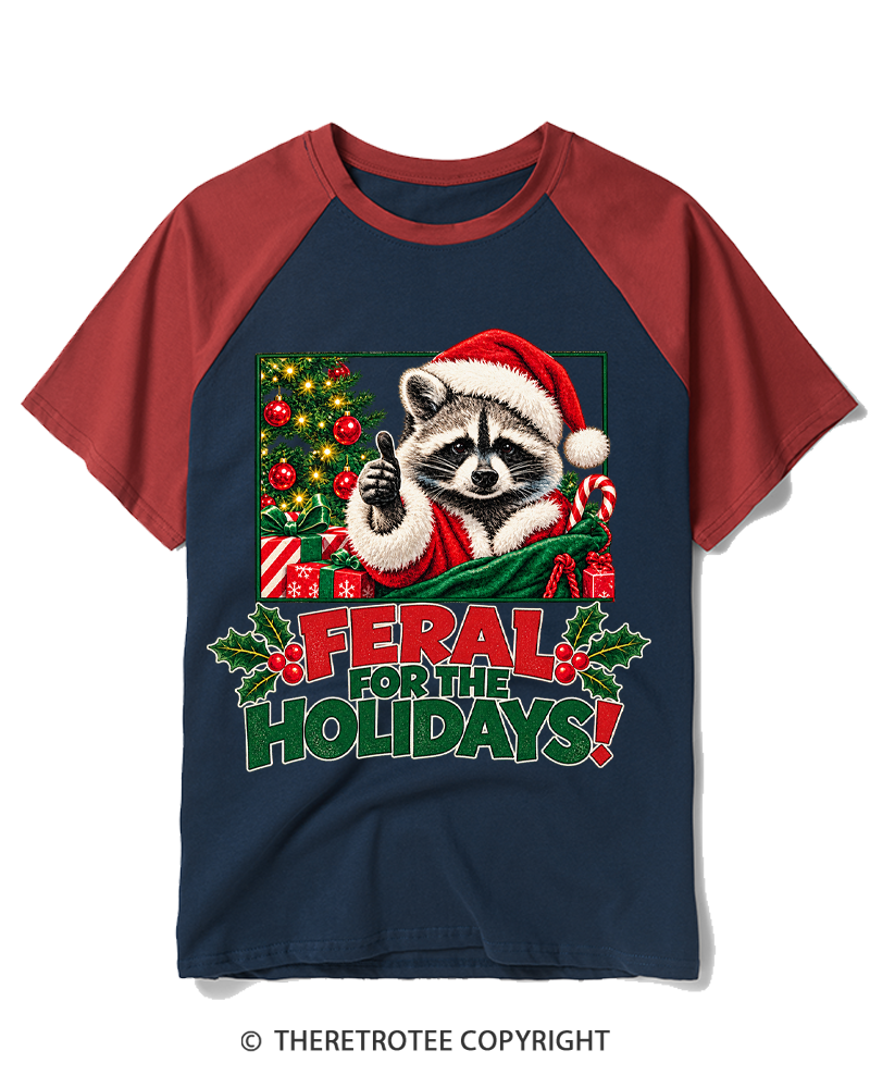 TheRetroTee Feral For The Holidays 1980s Raglan Baseball T-Shirt