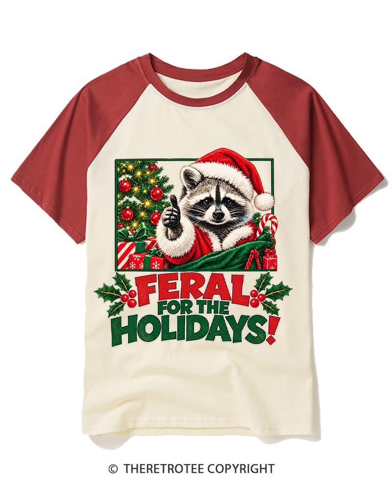 TheRetroTee Feral For The Holidays 1980s Raglan Baseball T-Shirt