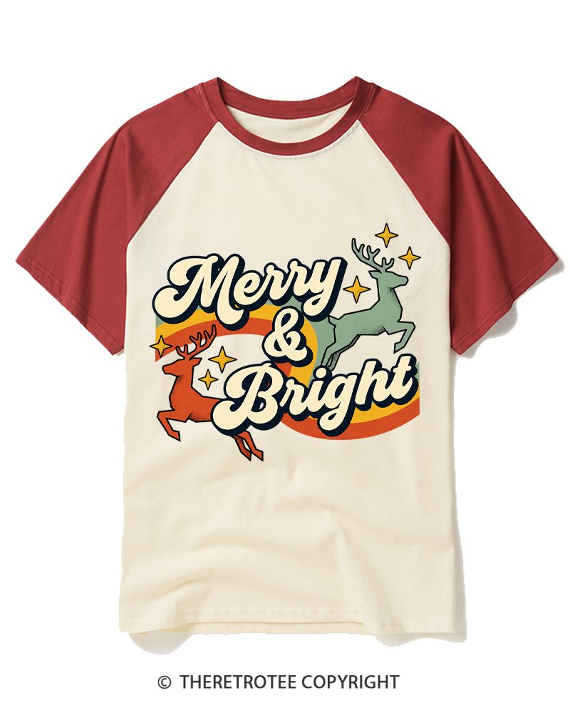 TheRetroTee Merry & Bright 1970s Raglan Baseball T-Shirt
