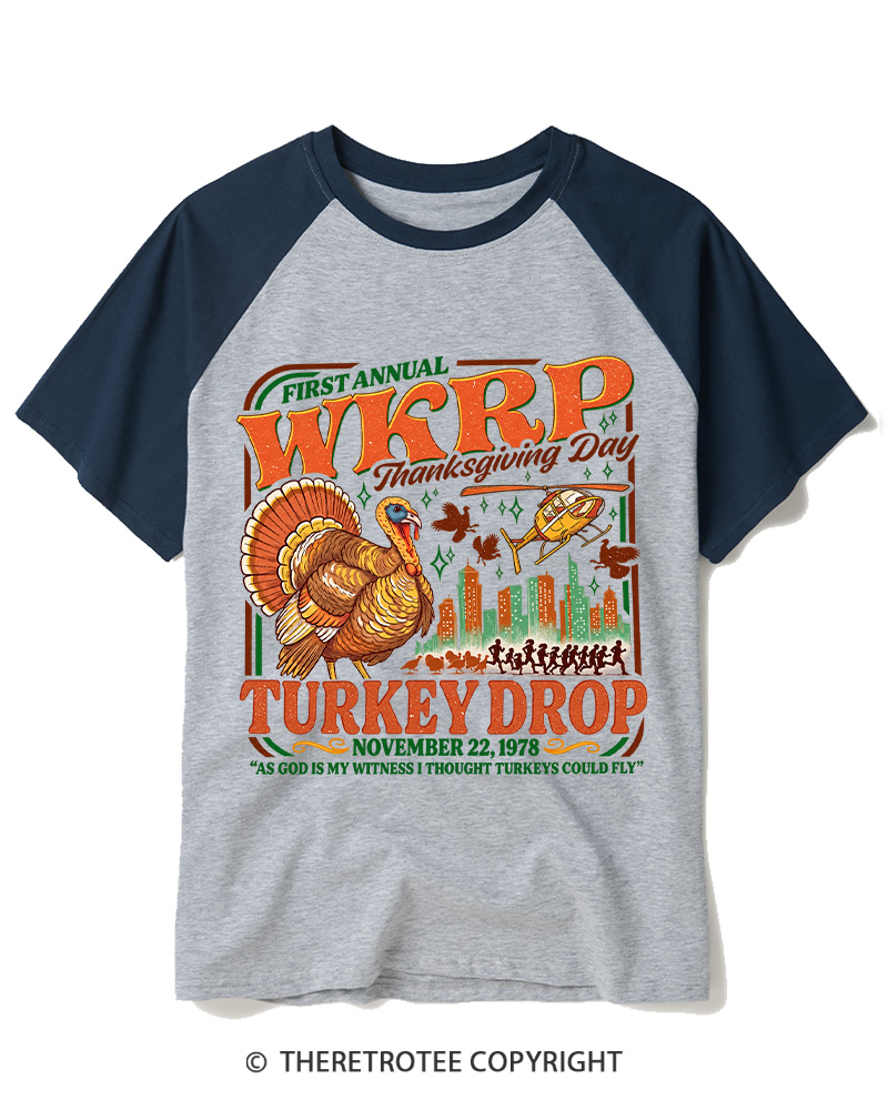 TheRetroTee First annual WKRP Turkey Drop 1978 Raglan Baseball T-Shirt