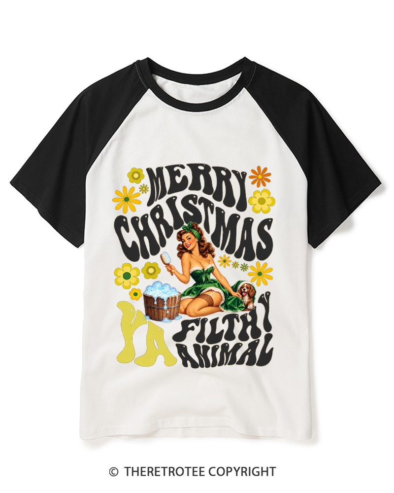 TheRetroTee Merry Christmas Ya Filthy Animal 1950s Raglan Baseball T-Shirt