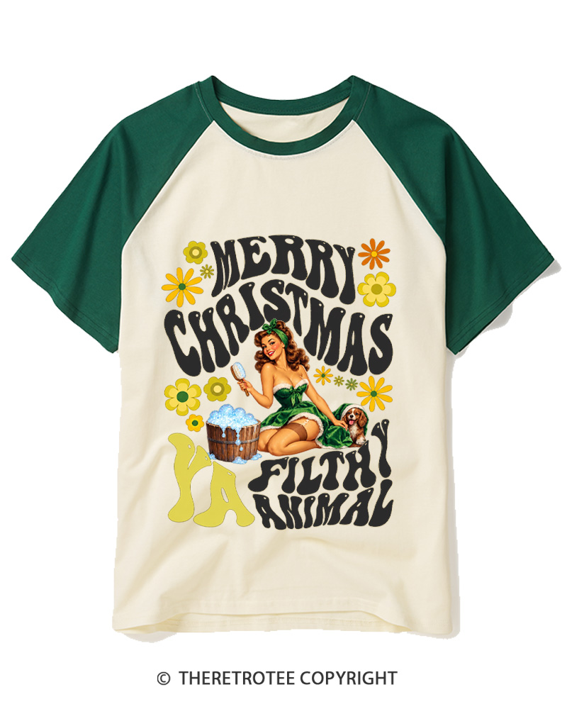 TheRetroTee Merry Christmas Ya Filthy Animal 1950s Raglan Baseball T-Shirt