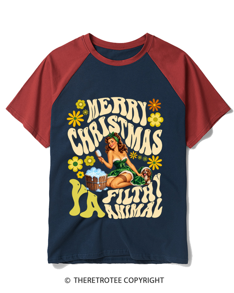TheRetroTee Merry Christmas Ya Filthy Animal 1950s Raglan Baseball T-Shirt