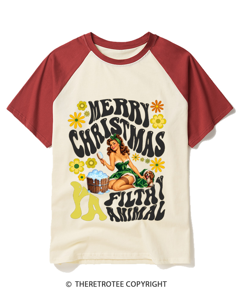 TheRetroTee Merry Christmas Ya Filthy Animal 1950s Raglan Baseball T-Shirt