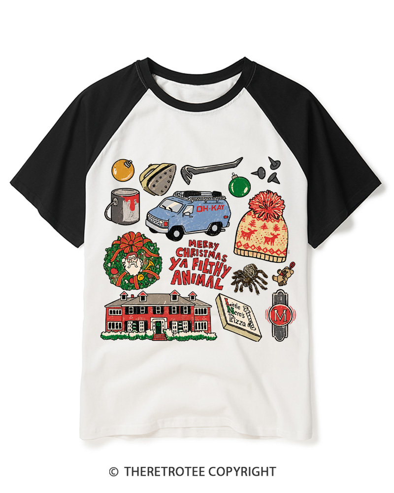 TheRetroTee Merry Christmas Ya Filthy Animal 1990s Raglan Baseball T-Shirt