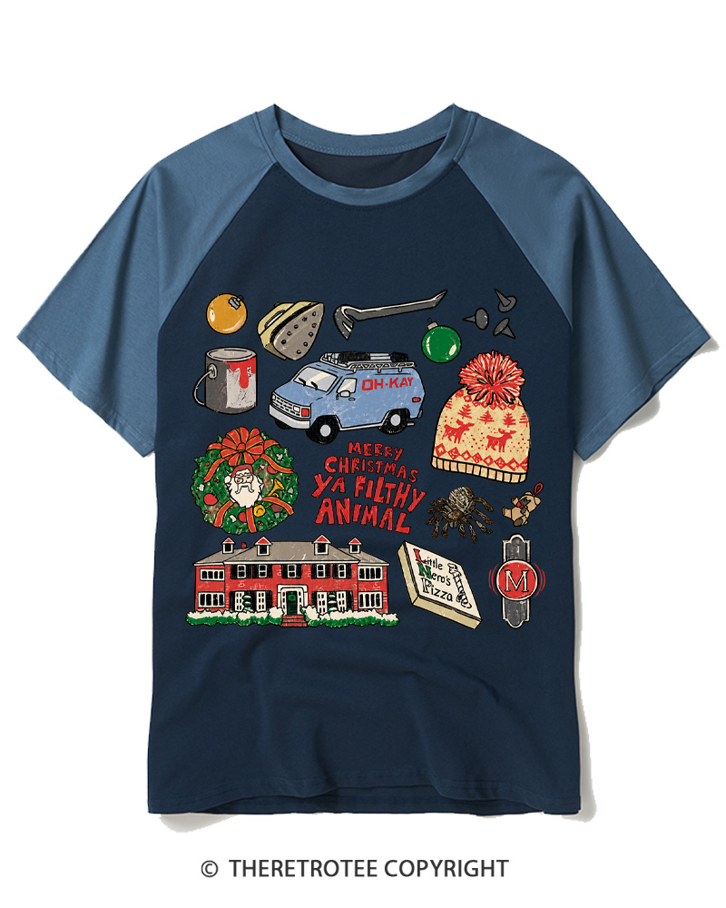 TheRetroTee Merry Christmas Ya Filthy Animal 1990s Raglan Baseball T-Shirt