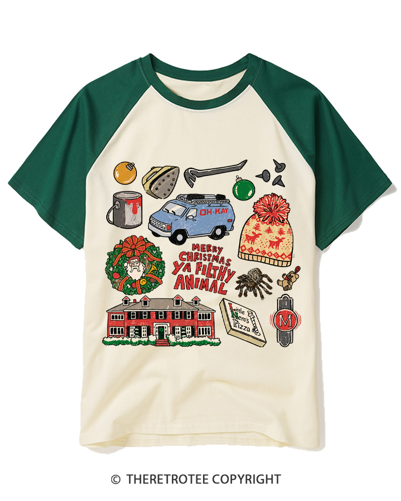TheRetroTee Merry Christmas Ya Filthy Animal 1990s Raglan Baseball T-Shirt