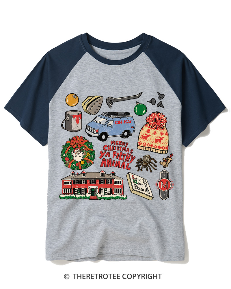 TheRetroTee Merry Christmas Ya Filthy Animal 1990s Raglan Baseball T-Shirt