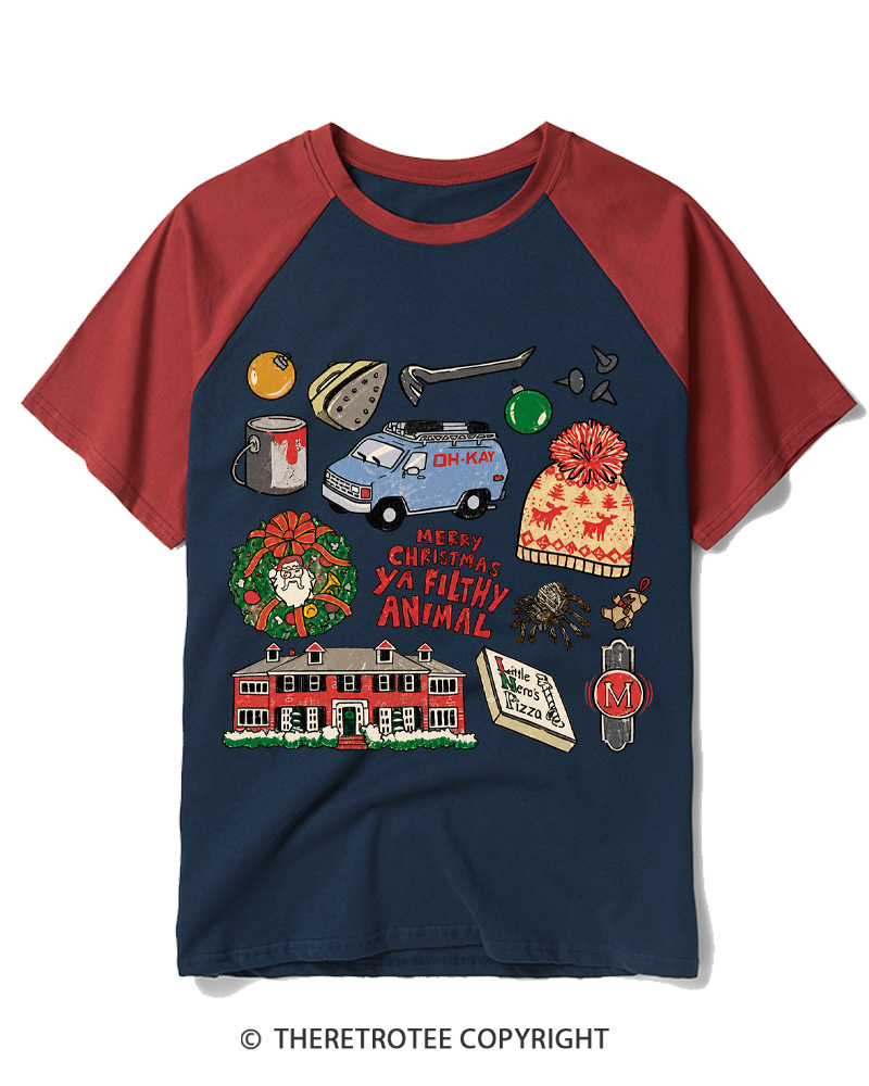 TheRetroTee Merry Christmas Ya Filthy Animal 1990s Raglan Baseball T-Shirt