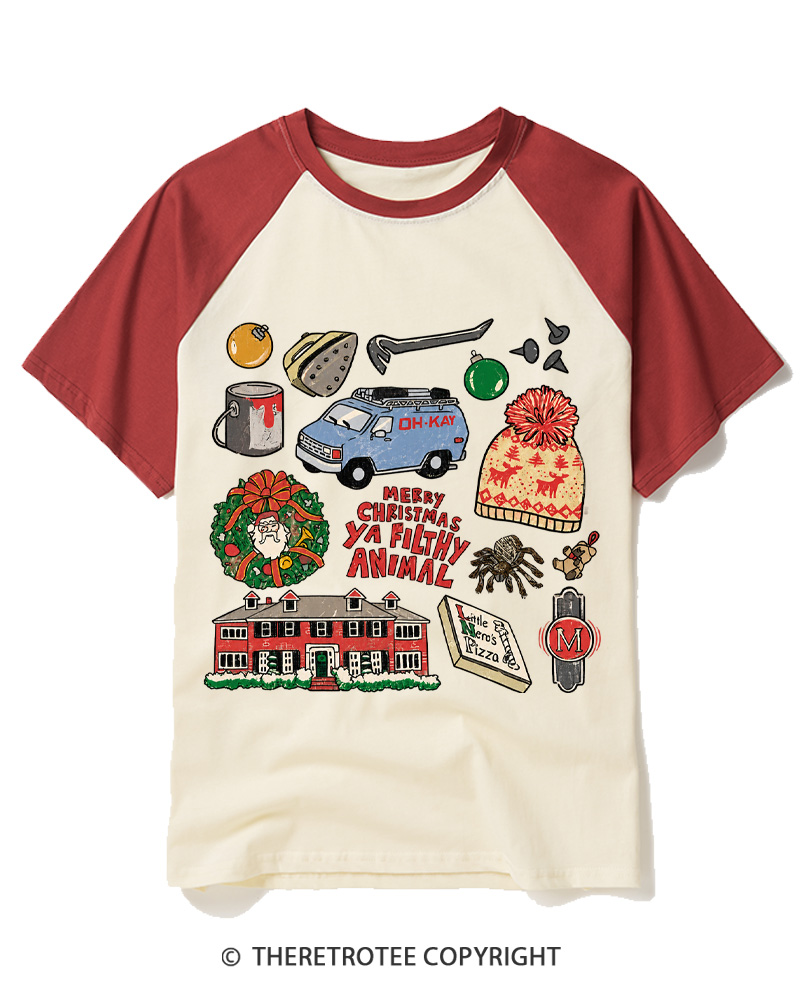 TheRetroTee Merry Christmas Ya Filthy Animal 1990s Raglan Baseball T-Shirt