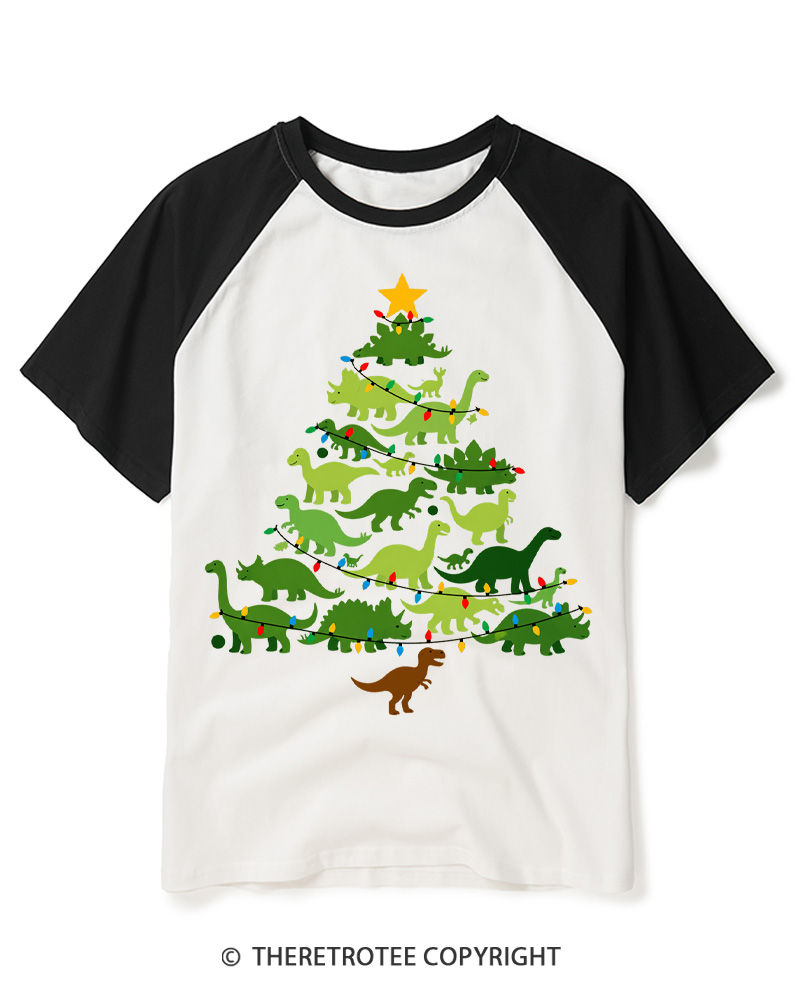 TheRetroTee Retro Dinosaur Christmas Tree Raglan Baseball T-Shirt