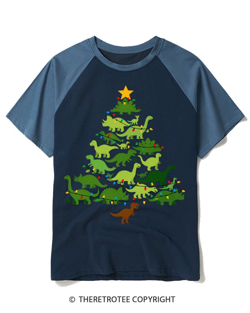 TheRetroTee Retro Dinosaur Christmas Tree Raglan Baseball T-Shirt