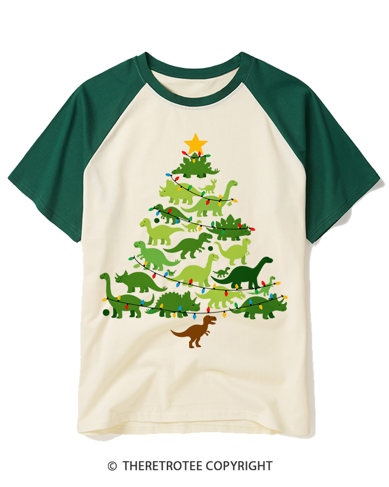 TheRetroTee Retro Dinosaur Christmas Tree Raglan Baseball T-Shirt