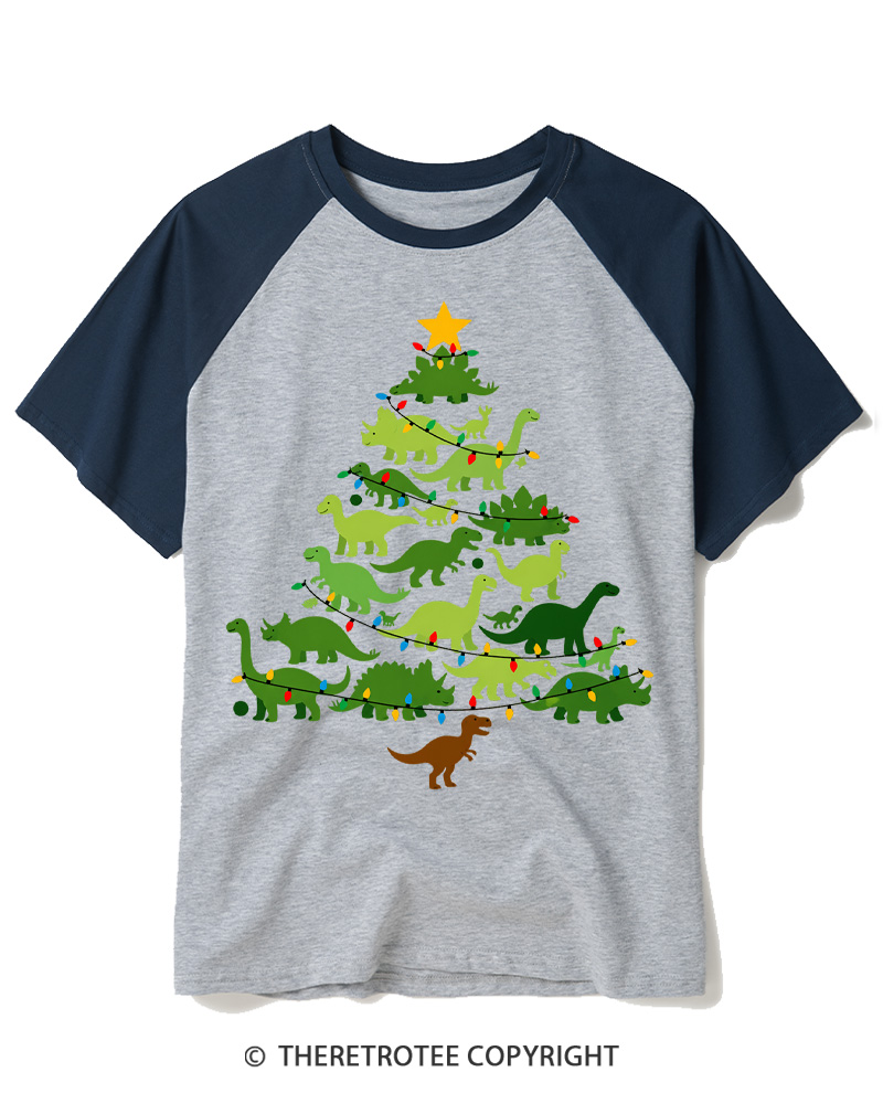 TheRetroTee Retro Dinosaur Christmas Tree Raglan Baseball T-Shirt