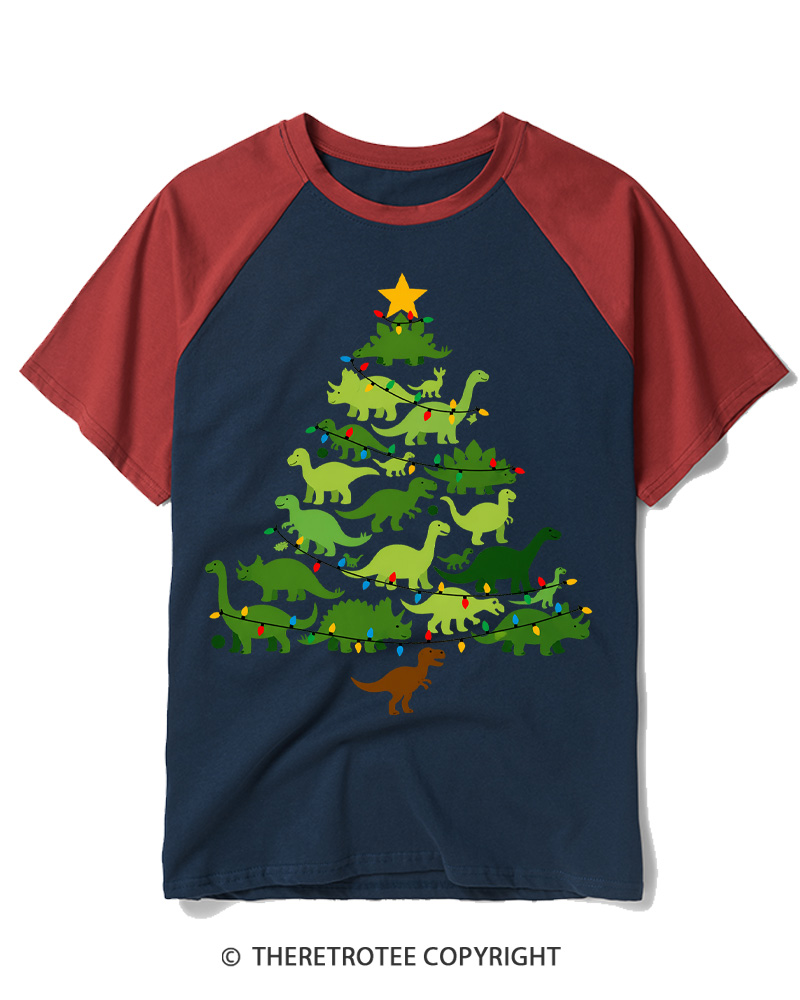 TheRetroTee Retro Dinosaur Christmas Tree Raglan Baseball T-Shirt