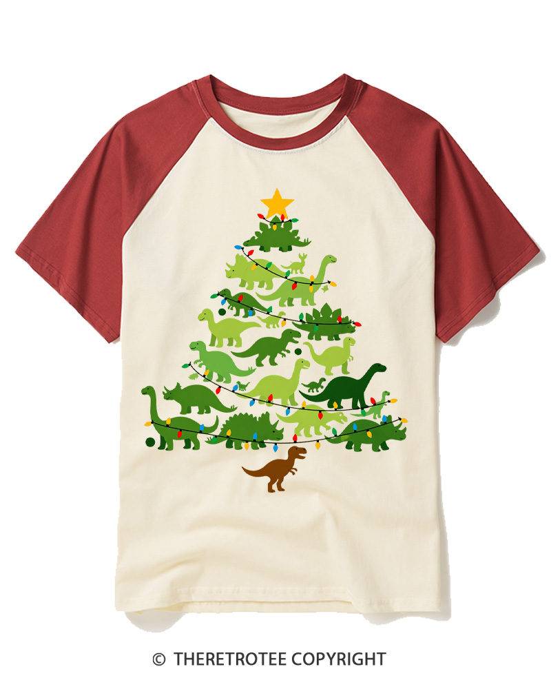 TheRetroTee Retro Dinosaur Christmas Tree Raglan Baseball T-Shirt
