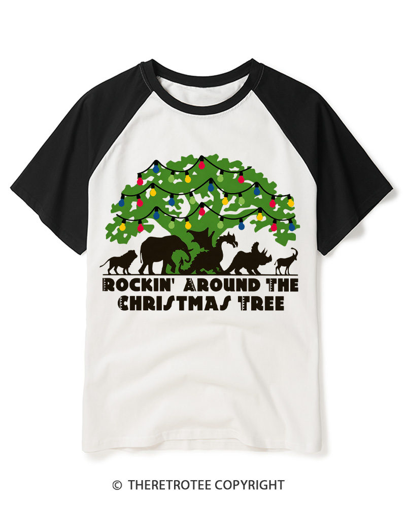 TheRetroTee 1950s Christmas Dinosaur Raglan Baseball T-Shirt