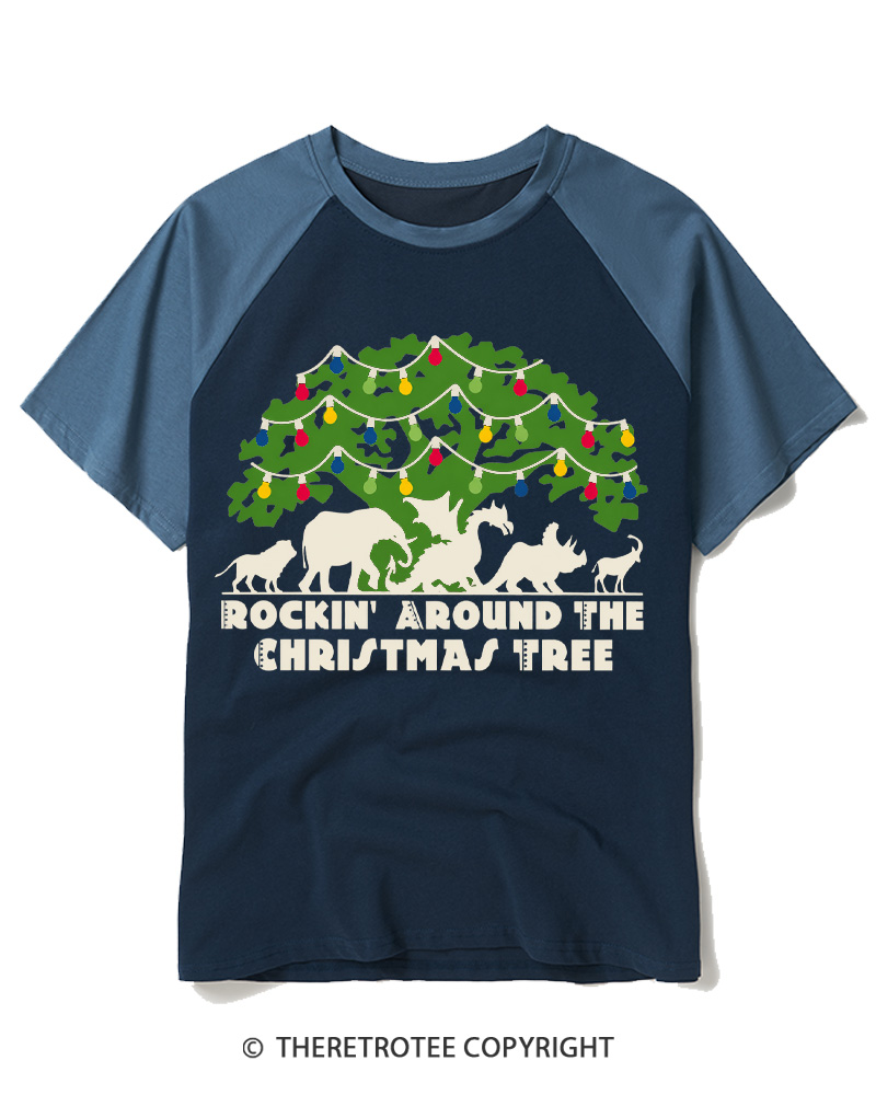 TheRetroTee 1950s Christmas Dinosaur Raglan Baseball T-Shirt
